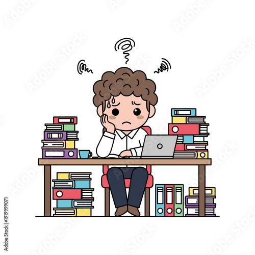 Cartoon illustration of a stressed student surrounded by piles of books and documents, working on a laptop with a frustrated expression.