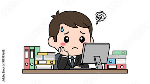 Cartoon illustration of a stressed man in a suit sitting at a cluttered desk with a computer and piles of binders.
