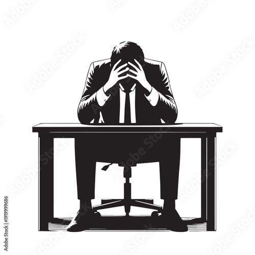 Black Stress at desk Silhouette Vector, High Quality Illustration on White Background
