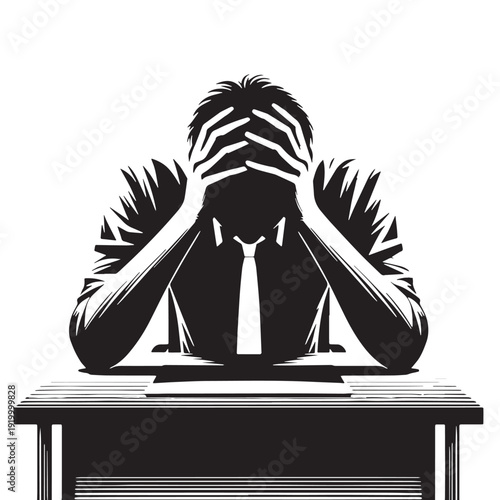 Black Stress at desk Silhouette Vector, High Quality Illustration on White Background