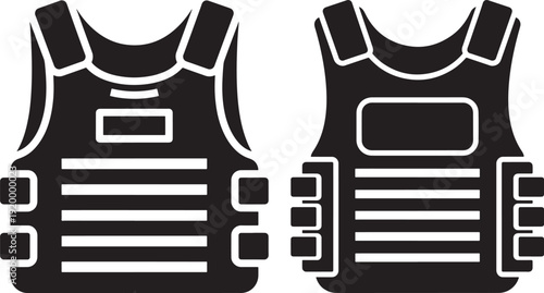 Front and back view of a tactical bulletproof vest, black silhouette illustration on white background, for security and protection concepts.