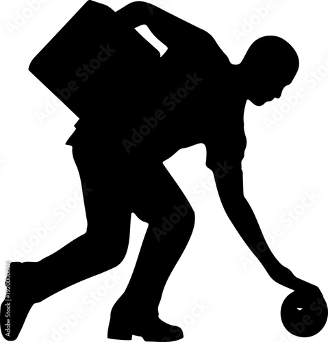 A black silhouette of a man playing bowling with a bowling ball and pins