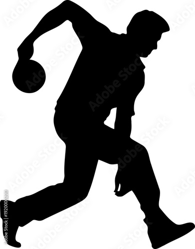 A black silhouette of a man bowling on a white background