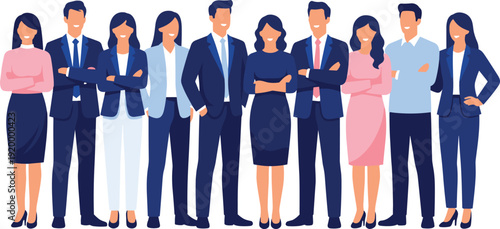 Professional business team standing together, diverse corporate people group in formal wear, modern flat vector illustration isolated background