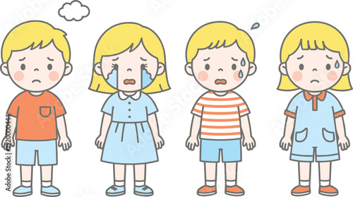 Sad children emotions set, crying and worried kids illustration, mental health feelings and anxiety concept design