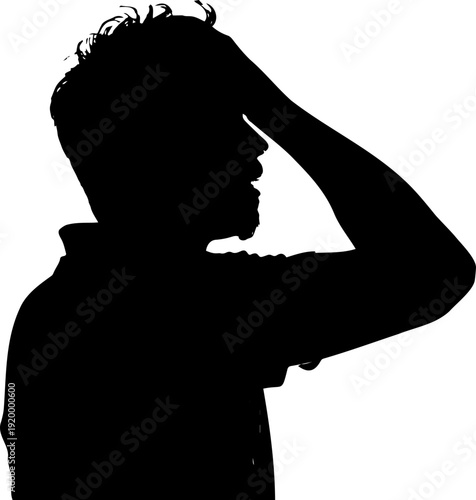 A silhouette of a man with his hand on his forehead in a thoughtful pose