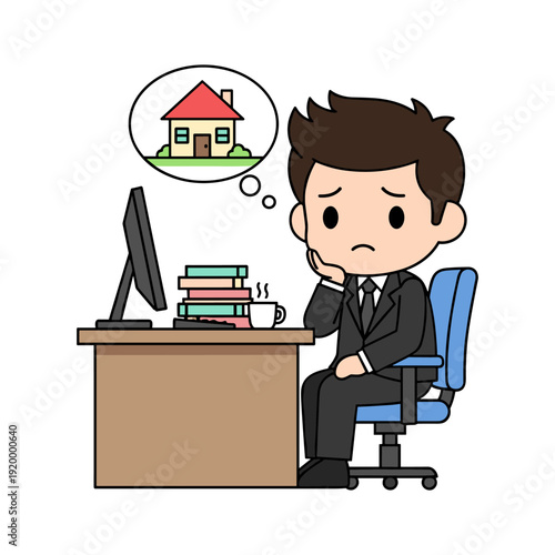 Cartoon man in suit sitting at desk, looking unhappy and dreaming of a house, symbolizing work-life balance and the desire for a home.