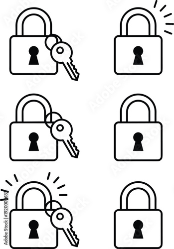 Set of black padlock icons with key and unlocked symbols representing security, privacy, protection, access control, and cybersecurity concepts for digital and physical safety use