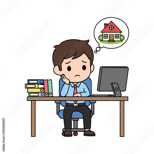 Cartoon man sitting at desk, looking sad and dreaming of a house, with a computer and books nearby.