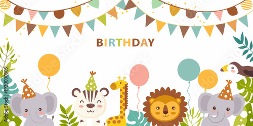A colorful birthday illustration featuring animals and festive decorations