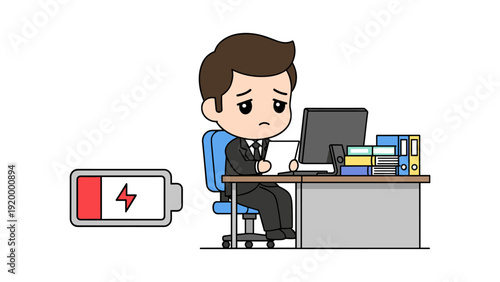 Cartoon man in a suit sitting at a desk, looking tired with a low battery symbol beside him, indicating drained energy.