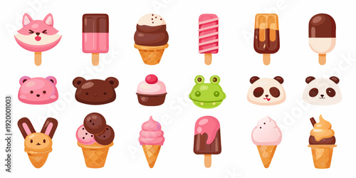 Cute animal heads and colorful ice cream treats arranged in a grid
