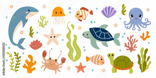 Cute cartoon marine life illustration with a whale jellyfish and turtles