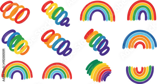 Vibrant rainbow brush strokes and arches in various colors and styles on white background