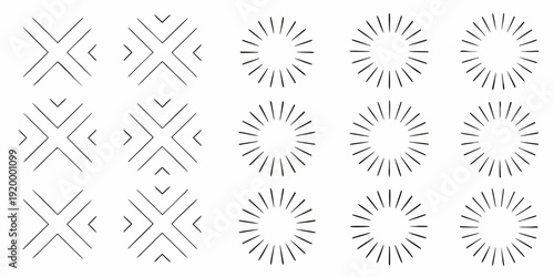 Abstract arrangement of radiating lines and geometric patterns in monochrome