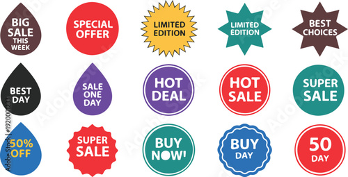 Sale and special offer tags, shopping promotions, discount labels, advertising signs, business marketing icons