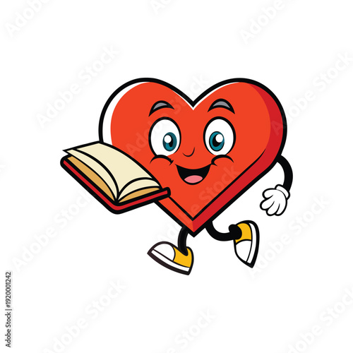 Happy heart character holding book, running to library for National Book Lovers Day