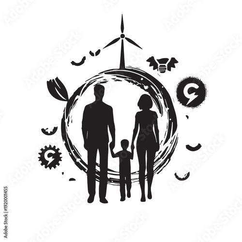Black Green energy family Silhouette Vector, High Quality Illustration on White Background