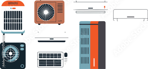 Collection of air conditioners and cooling devices, modern appliances for home and office, climate control icons