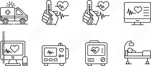 Set of medical icons showing ambulance electrocardiogram thermometer monitor patient and bed