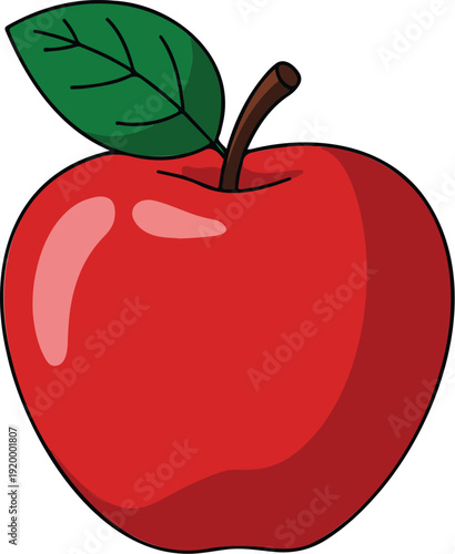 Single shiny red apple with green leaf and stem isolated on white background healthy fruit for diet