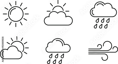 Collection of six distinct black line art icons representing various common weather conditions perfect for application interfaces or informational graphics