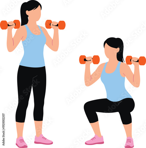 Woman doing dumbbell squat exercise, female fitness workout routine, strength training vector illustration isolated on white background