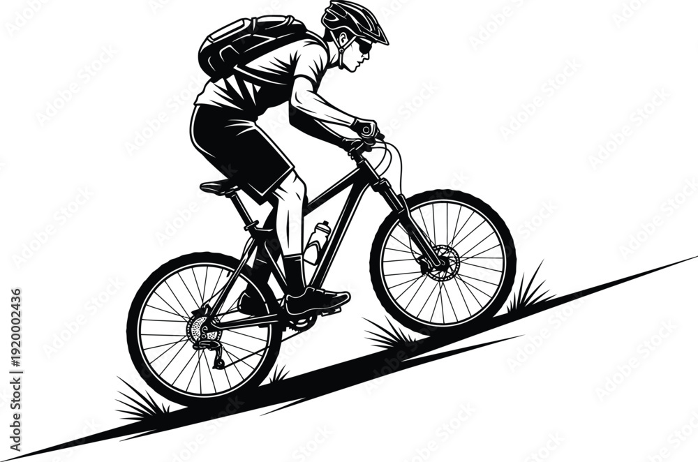 Fototapeta premium A detailed black and white illustration depicts a cyclist riding a mountain bike uphill through grassy terrain showcasing athletic activity