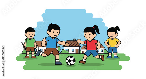 Four happy children playing soccer outdoors in a neighborhood with houses in the background on a sunny day.