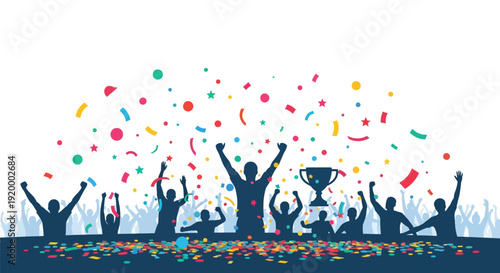 Silhouettes of people celebrating a victory with confetti and a trophy, symbolizing success and achievement.