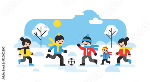 Five happy children playing soccer in a snowy winter landscape, wearing warm clothes and having fun outdoors.