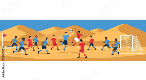A vibrant illustration of a soccer match taking place in a vast desert landscape with players in red and blue uniforms competing for the ball.