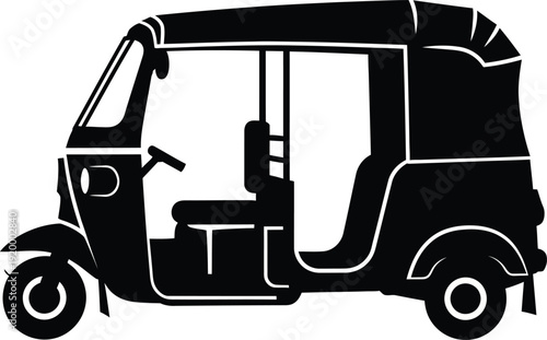 a simple black and white silhouette depicts a three wheeled auto rickshaw vehicle commonly found in south and southeast asian countries