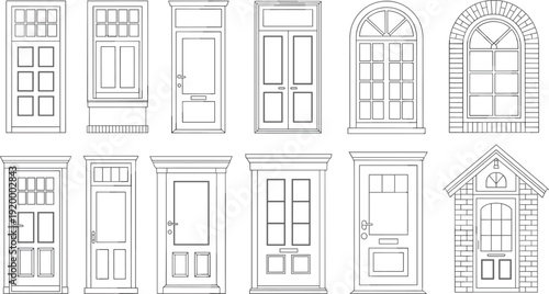 Classic and modern front door line drawings set, residential entrance and window designs, architectural outline vector collection