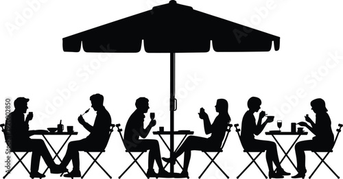Cafe outdoor dining silhouette illustration, people sitting under umbrella enjoying coffee and conversation flat vector design