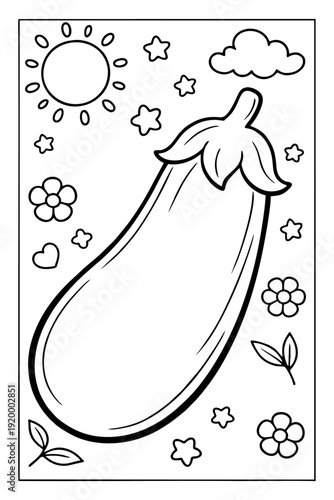 Outline vector illustration of a large eggplant vegetable surrounded by playful celestial and floral coloring elements