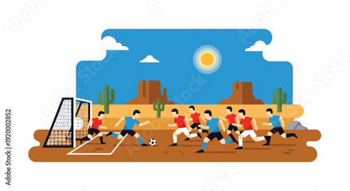 A vibrant illustration of a soccer match taking place in a desert landscape with players, goal, cacti, and mesas under a sunny sky.