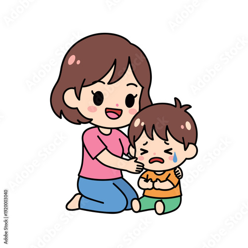Cartoon illustration of a mother kneeling down to comfort her upset child, showcasing a tender moment of love and care.