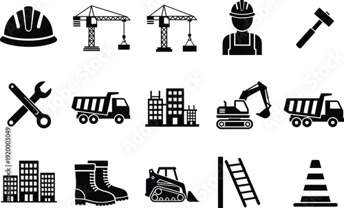 a collection of black silhouette icons depicting construction equipment tools safety gear and building structures on a white background high quality
