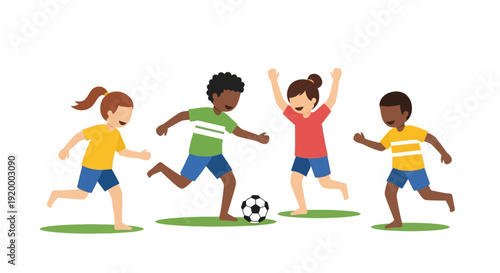 Four happy diverse children playing soccer together on a patch of green grass, enjoying an outdoor game.