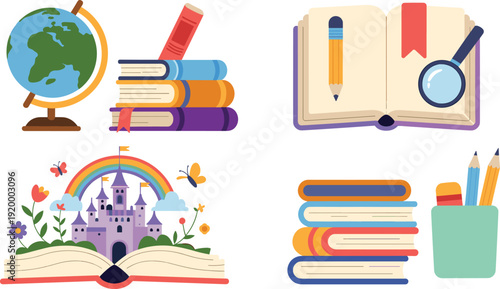 Education learning vector illustration set, books globe open storybook pencils and school supplies colorful flat design icons