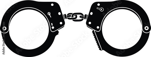 A stark black and white illustration depicts a pair of metal handcuffs symbolizing restraint law enforcement and potential consequences high quality