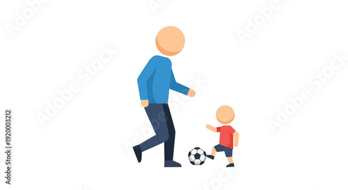 Illustration of a father and son playing soccer together on a white background.