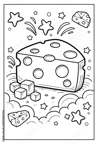 Whimsical black and white vector illustration of Swiss cheese wedge surrounded by celebratory stars and cubes.