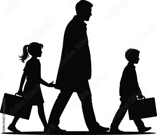 Father walking with children silhouette illustration, parent and kids carrying school bags isolated on white background