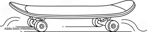 a simple line drawing depicts a skateboard with visible wheels deck and trucks resting on a surface with wavy lines below it