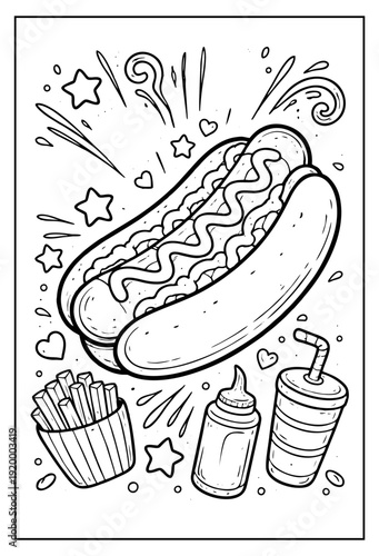 Classic American fast food meal vector illustration featuring a hot dog, fries, and beverage outline.
