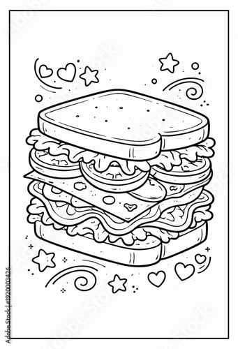 Detailed vector graphic illustration of a delicious layered deli sandwich ready for coloring book design.