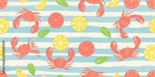 Seamless pattern with red crabs citrus fruits and striped background