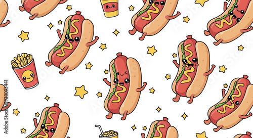 Hot dog character fast food cute seamless pattern with fries drink
